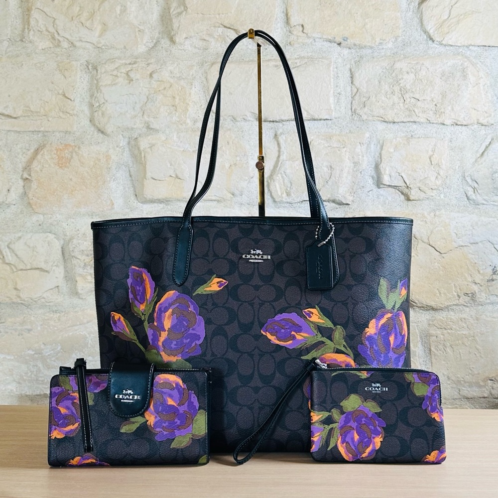 Coach Signature Floral Reversible Tote handbag&wallet&wristlet NWT Authentic